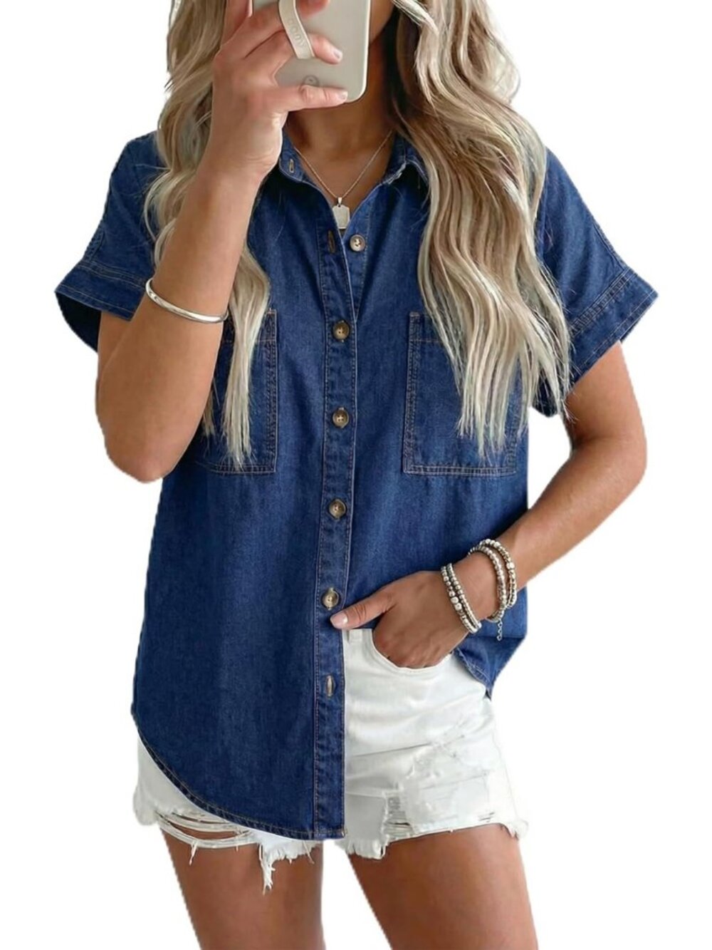 Chic Short Sleeve Denim Button Down Shirt for Women - Casual Jean Top